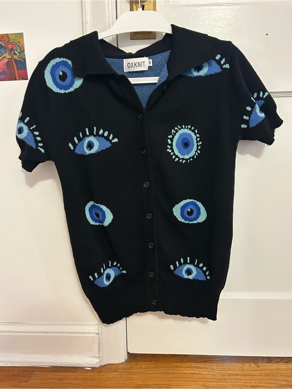Adult Black Short-Sleeve Button Cardigan with Blue Eye Motif